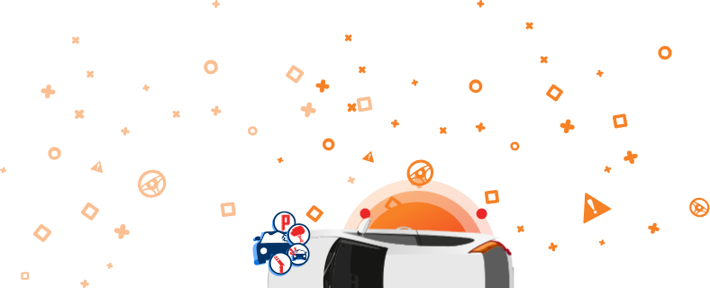 Grafika razbitega avtomobila z ikonami za poškodbe pri parkiranju, udarca v drevo in trčenje, na oranžnem ozadju.