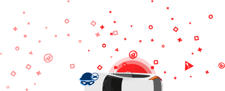 Grafika, ki prikazuje avtomobil, zavit v trak, vlomilsko masko in kapo z ikoničnim avtomobilom na rdečem ozadju.