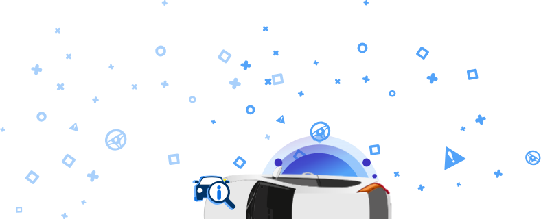 Ilustracija z belim avtomobilom od zgoraj z modrimi ikonami okoli in napisom VIN.