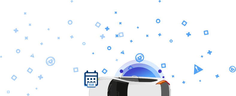 Beli avtomobil z vrha in ikone naokoli, vključno z napisom REGISTRIRANO? in simbolom vin ter drugimi avtomobilskimi simboli