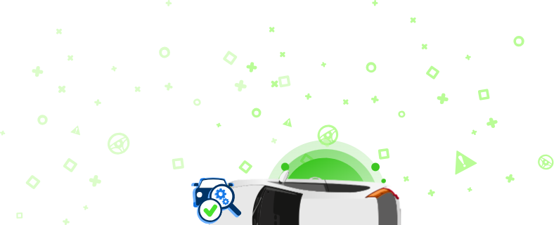 Beli avtomobil z vrha in ikone naokoli, vključno z napisom SERVISIRANA? in simbolom vin ter drugimi avtomobilskimi simboli