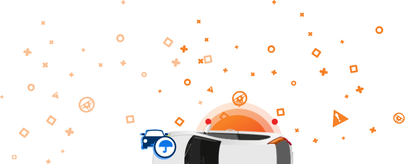 Beli avtomobil z vrha in ikone naokoli, vključno z napisom ZAVAROVANI? in simbolom vin ter drugimi avtomobilskimi simboli