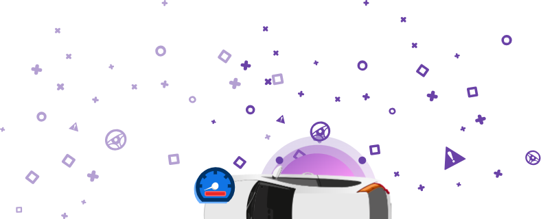 Slika, ki prikazuje poškodovano vozilo s števcem prevožene poti, ki prikazuje rdečo črto, postavljena na vijolično ozadje.