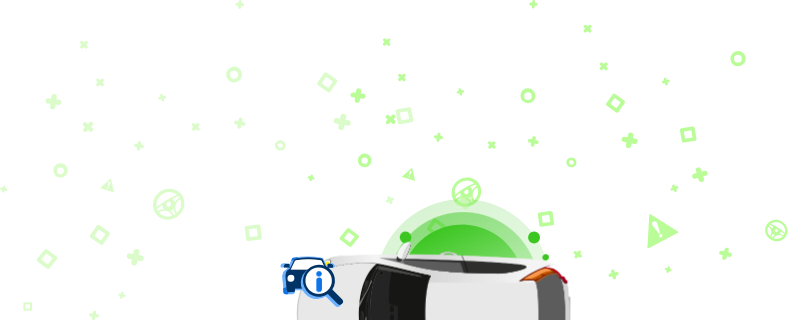 Ilustracija avtomobila s povečevalnim steklom, ki prikazuje informativno ikono na zelenem ozadju z okrasnimi oblikami.