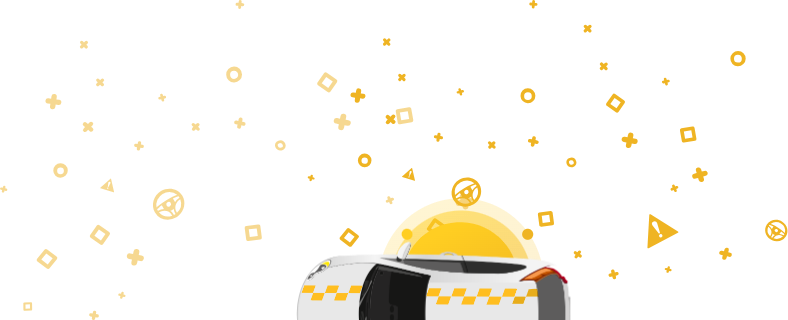 Slika avtomobila z znakom TAXI na vrhu, postavljena na rumeno ozadje z geometrijskimi oblikami.