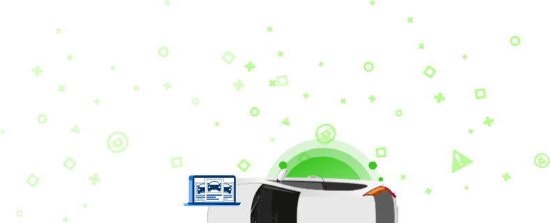 Ilustracija avtomobila s prenosnim računalnikom, ki prikazuje slike vozila in zeleno ozadje z geometrijskimi oblikami.