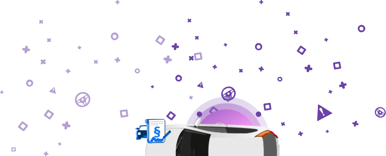 Slika, ki prikazuje avtomobil ter dokument s simbolom odstavka in podpisom, postavljena na vijolično ozadje.