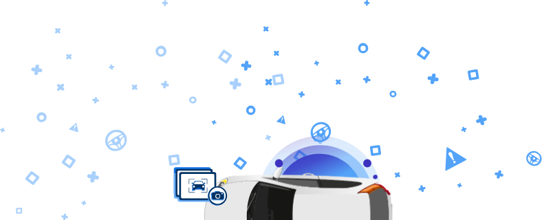 Slika prikazuje poškodovan avtomobil z ikono kamere in ikono avtomobila na modrem ozadju z dekorativnimi elementi.