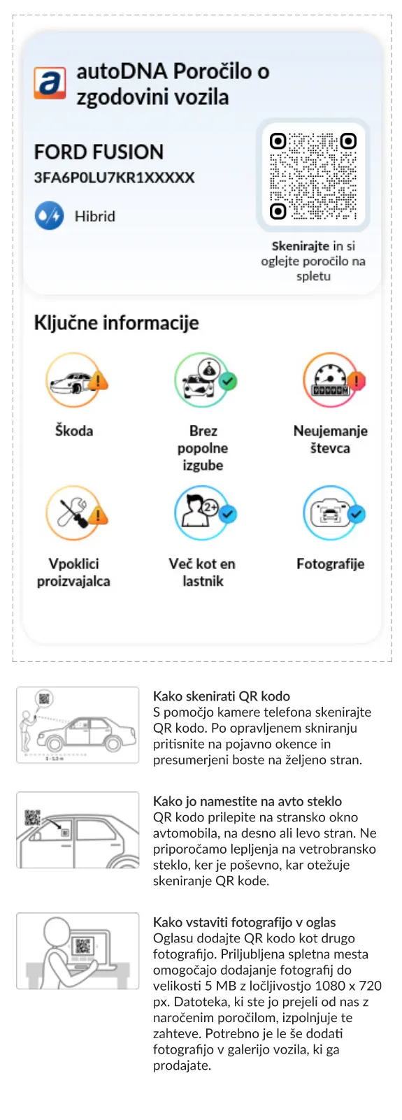 Poročilo o zgodovini vozila autoDNA - QR koda
