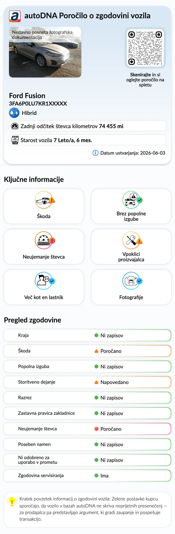 Poročilo o zgodovini vozila autoDNA - Uvodne informacije